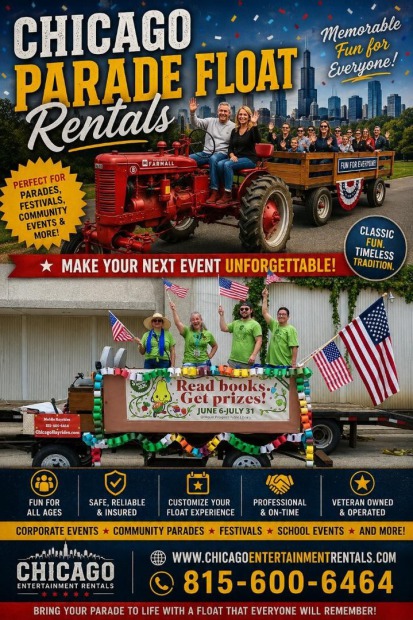 Jaguar Convertible (seasonal) and Tractor Wagon set up is available year round for Chicago Entertainment Rental, Chicago Event Rental, Chicago Party Rental, and can be used for promotional needs like Chicago Parades!  Corporate Events, Municipal Events!