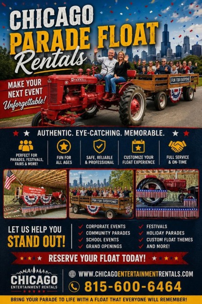 Jaguar Convertible (seasonal) and Tractor Wagon set up is available year round for Chicago Entertainment Rental, Chicago Event Rental, Chicago Party Rental, and can be used for promotional needs like Chicago Parades!  Corporate Events, Municipal Events!