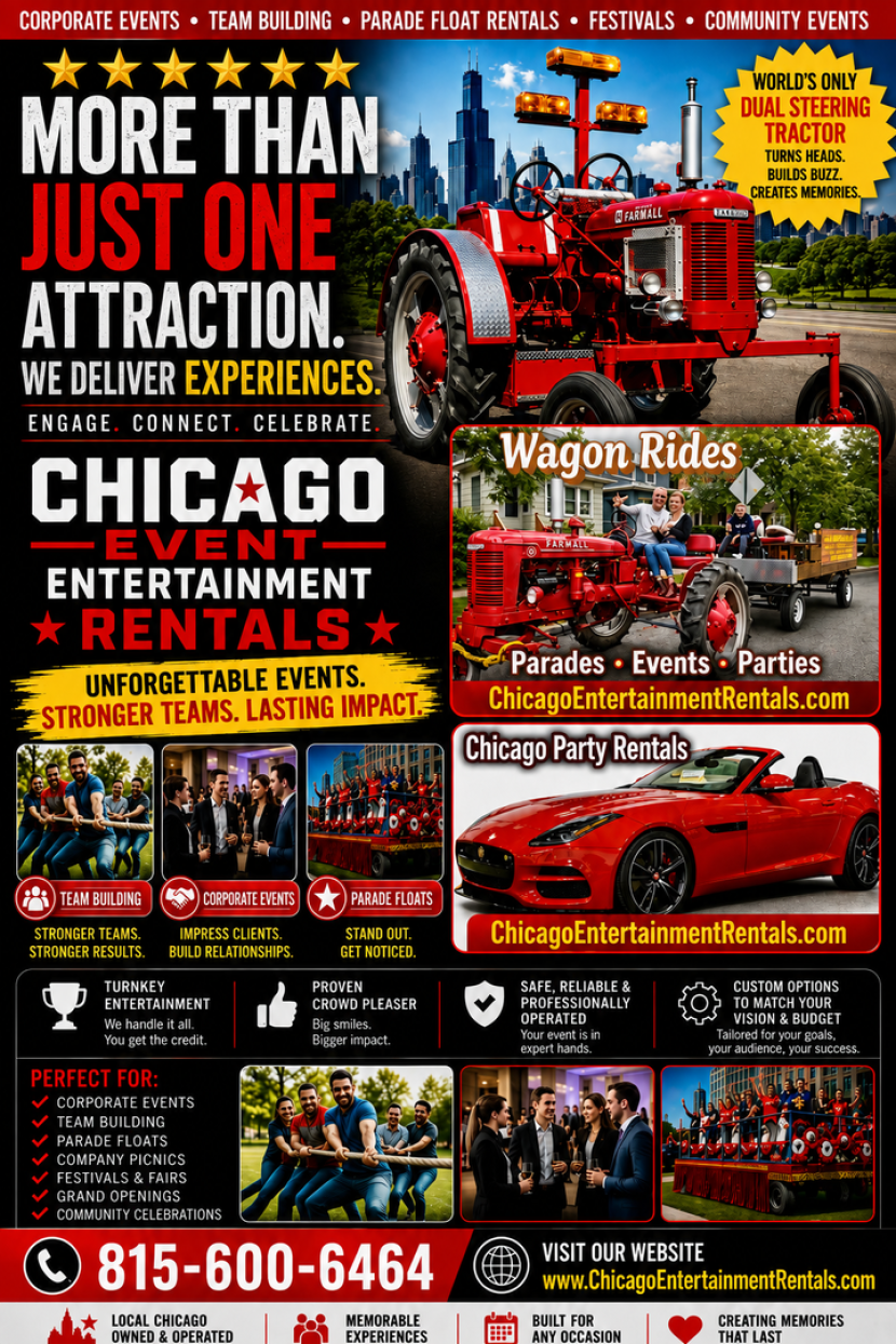 Jaguar Convertible (seasonal) and Tractor Wagon set up is available year round for Chicago Entertainment Rental, Chicago Event Rental, Chicago Party Rental, and can be used for promotional needs like Chicago Parades!  Corporate Events, Municipal Events!